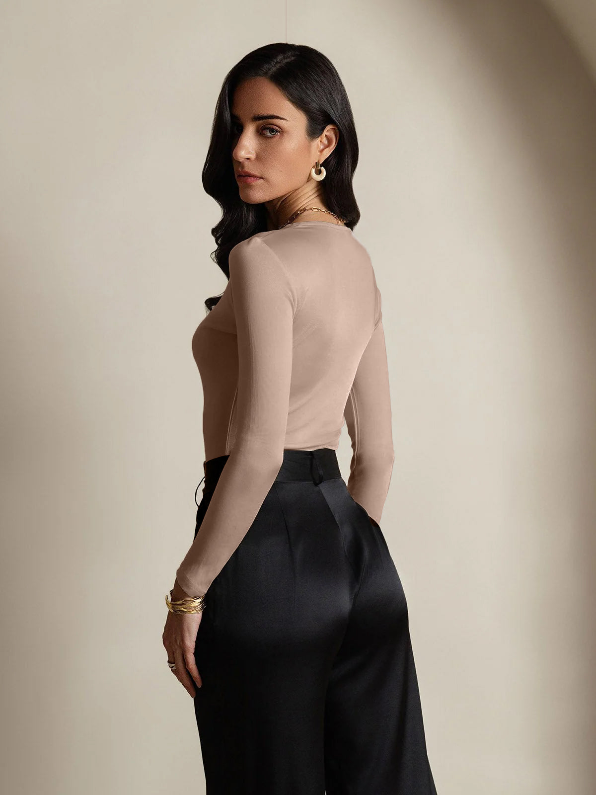 [قهوة] SilkSilky-SA الحرير رقبة مستديرة تي شيرت نسائية 002,