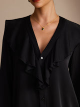 [أسود] SilkSilky-SA Long Sleeve Deep V Neck بلوزات نسائية 005