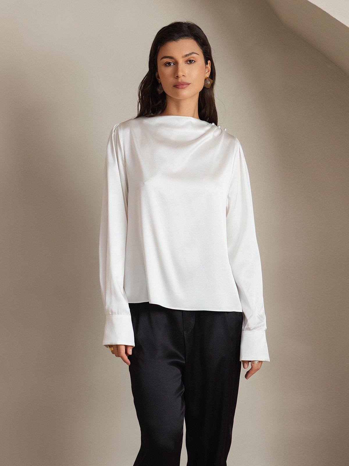 [أبيض] SilkSilky-SA 19Momme الحرير Womens Shirt 006
