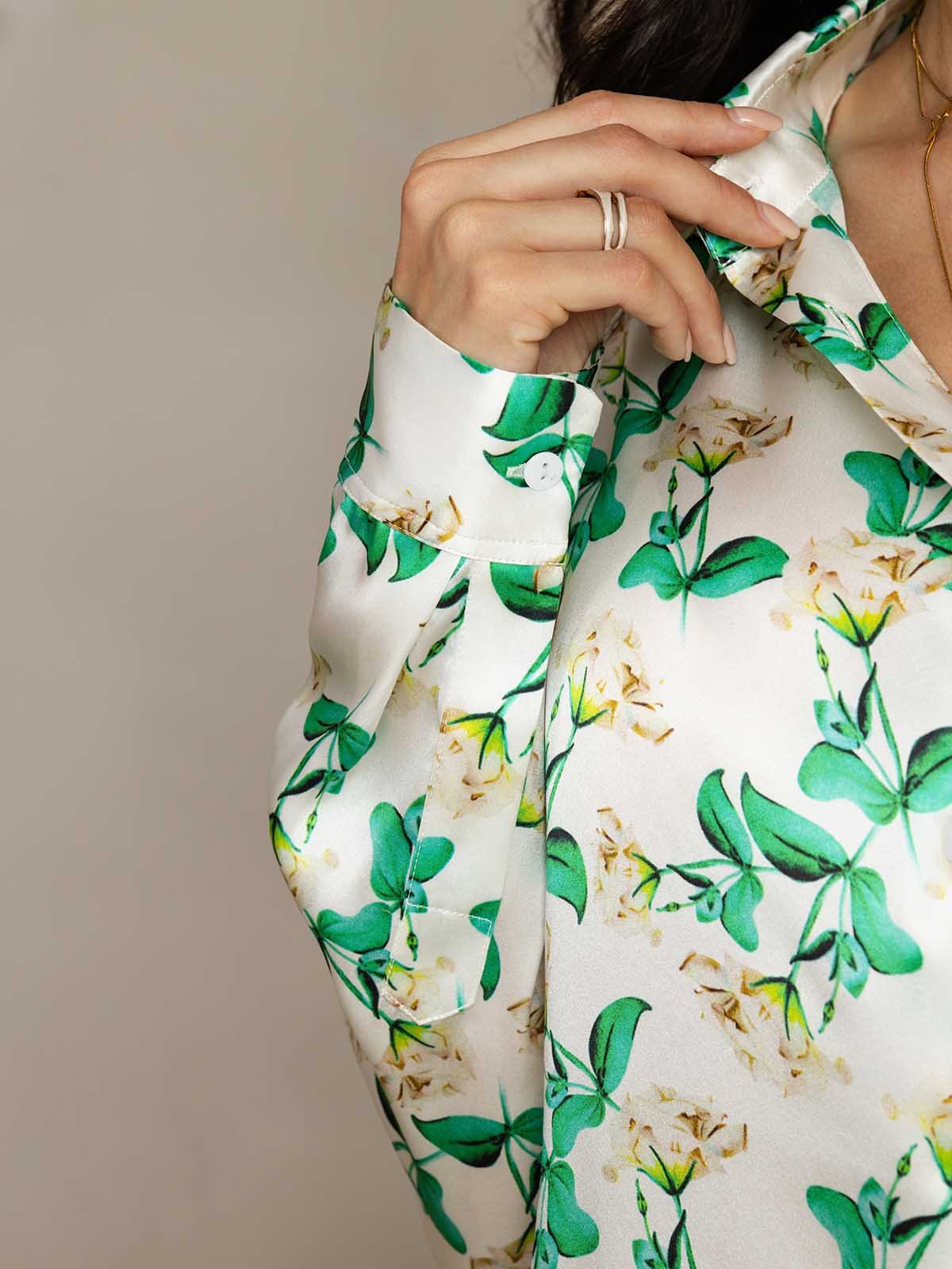 [زهري أخضر] SilkSilky-SA 19Momme الحرير Lapel Collar Women''s Outfit Sets 005