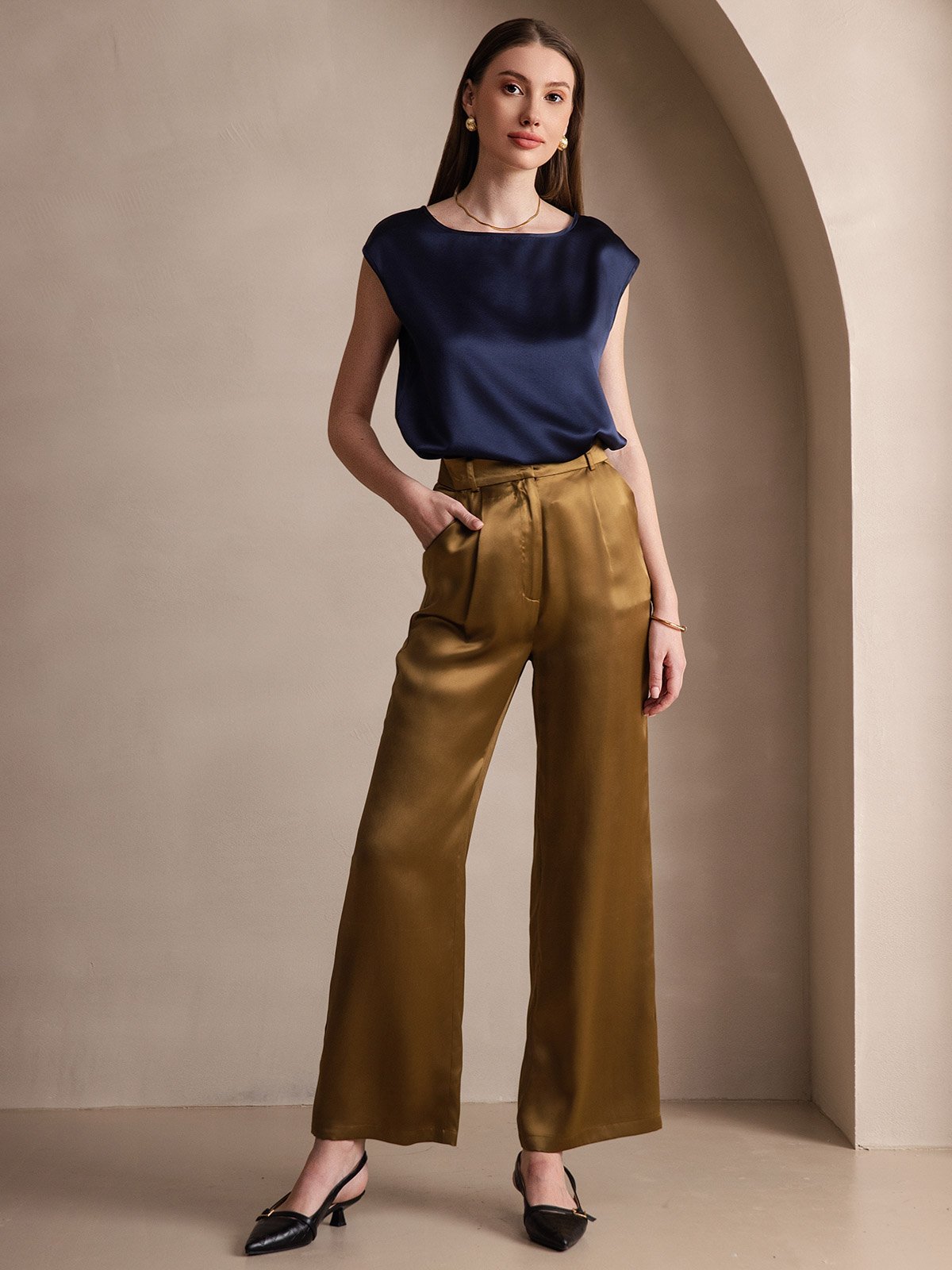 [أزرق غامق] SilkSilky-SA 19Momme الحرير رقبة مستديرة تي شيرت نسائية 006,