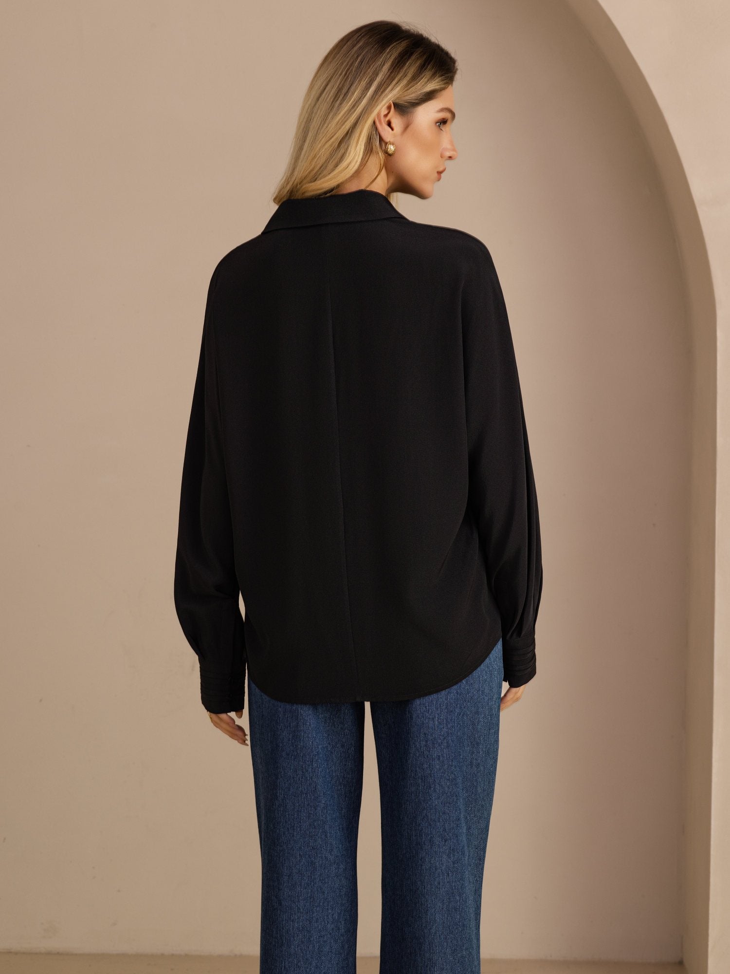[أسود] SilkSilky-SA Long Sleeve Lapel Collar بلايز نسائية 002