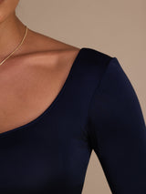 [أزرق غامق] SilkSilky-SA Long Sleeve رقبة على شكل حرف U تي شيرت نسائية 006