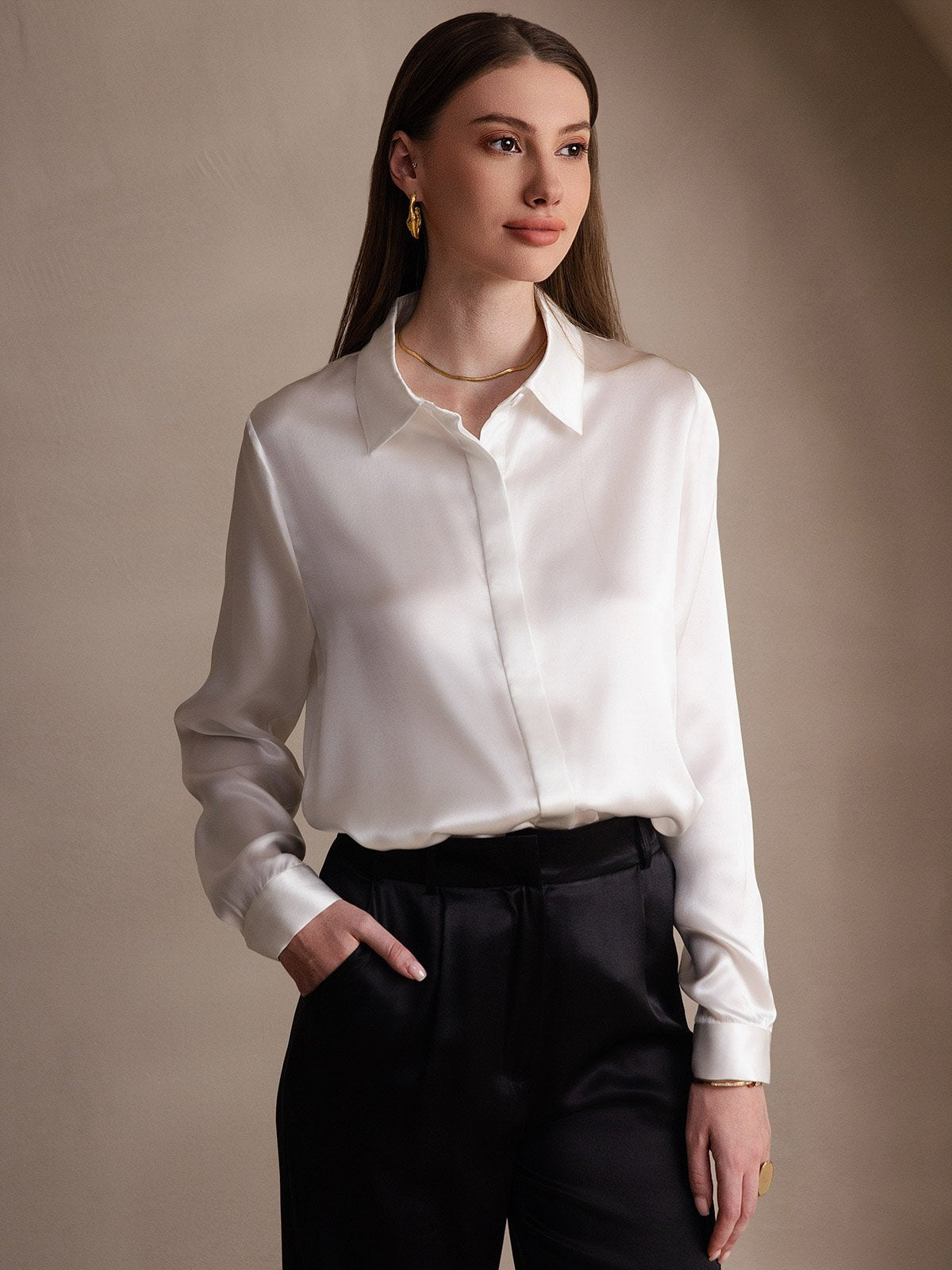 [أبيض] SilkSilky-SA 19Momme الحرير Lapel Collar بلايز نسائية 001