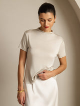 [رمادي] SilkSilky-SA 100% Silk Jersey Short Sleeve ياقة نصف عالية تي شيرت نسائية 005