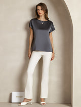 [الرمادي الداكن] SilkSilky-SA Short Sleeve Boat Neck تي شيرت نسائية 003