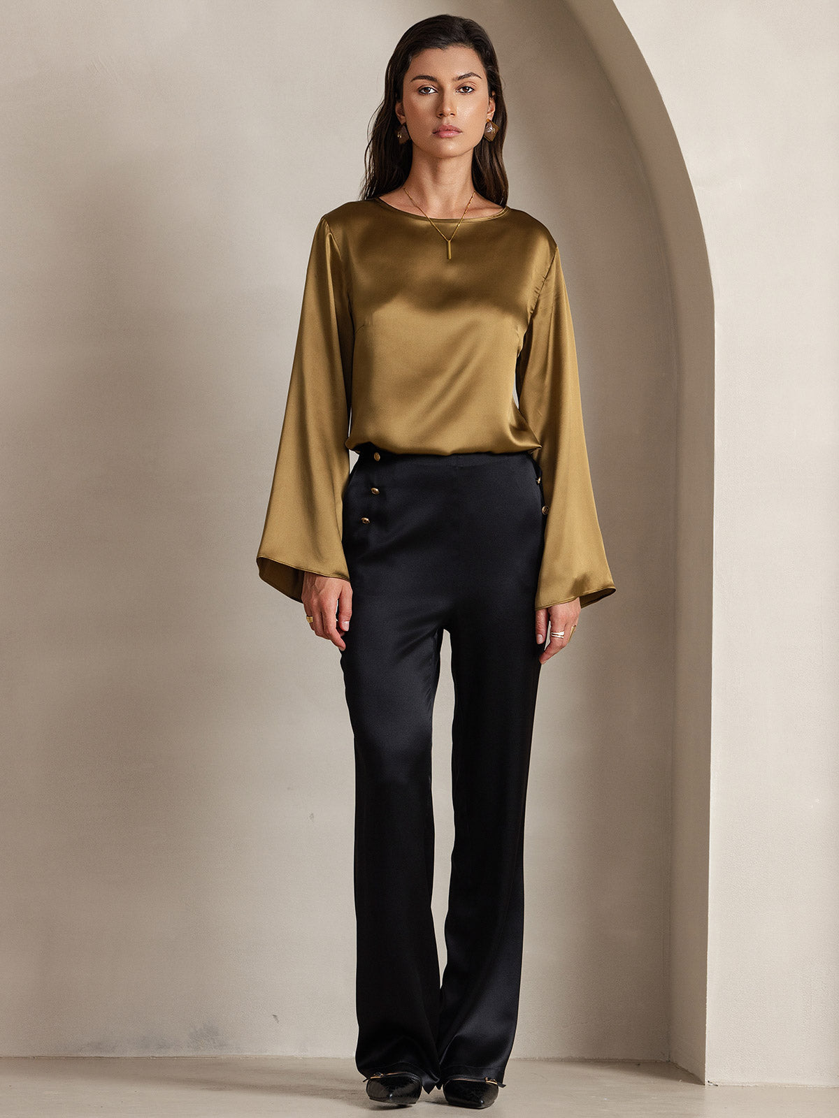 [بني] SilkSilky-SA 19Momme الحرير رقبة مستديرة تي شيرت نسائية 004,