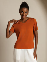 [البرتقالي] SilkSilky-SA Short Sleeve V Neck تي شيرت نسائية 008