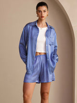 [مقلم دقيق أزرق] SilkSilky-SA Long Sleeve Lapel Collar Women's Outfit Sets 001