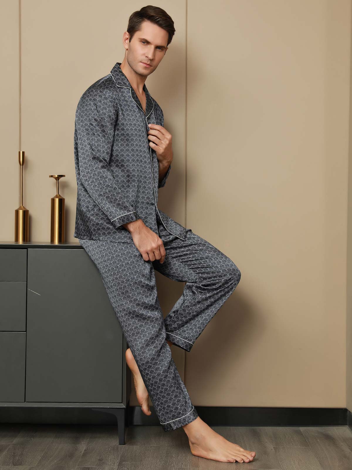 [جنكو كحلي] SilkSilky-SA 19Momme الحرير الخالص Mens Pajamas 005