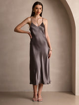 [كاكي غامق] SilkSilky-SA Sleeveless V Neck فساتين نسائية 003