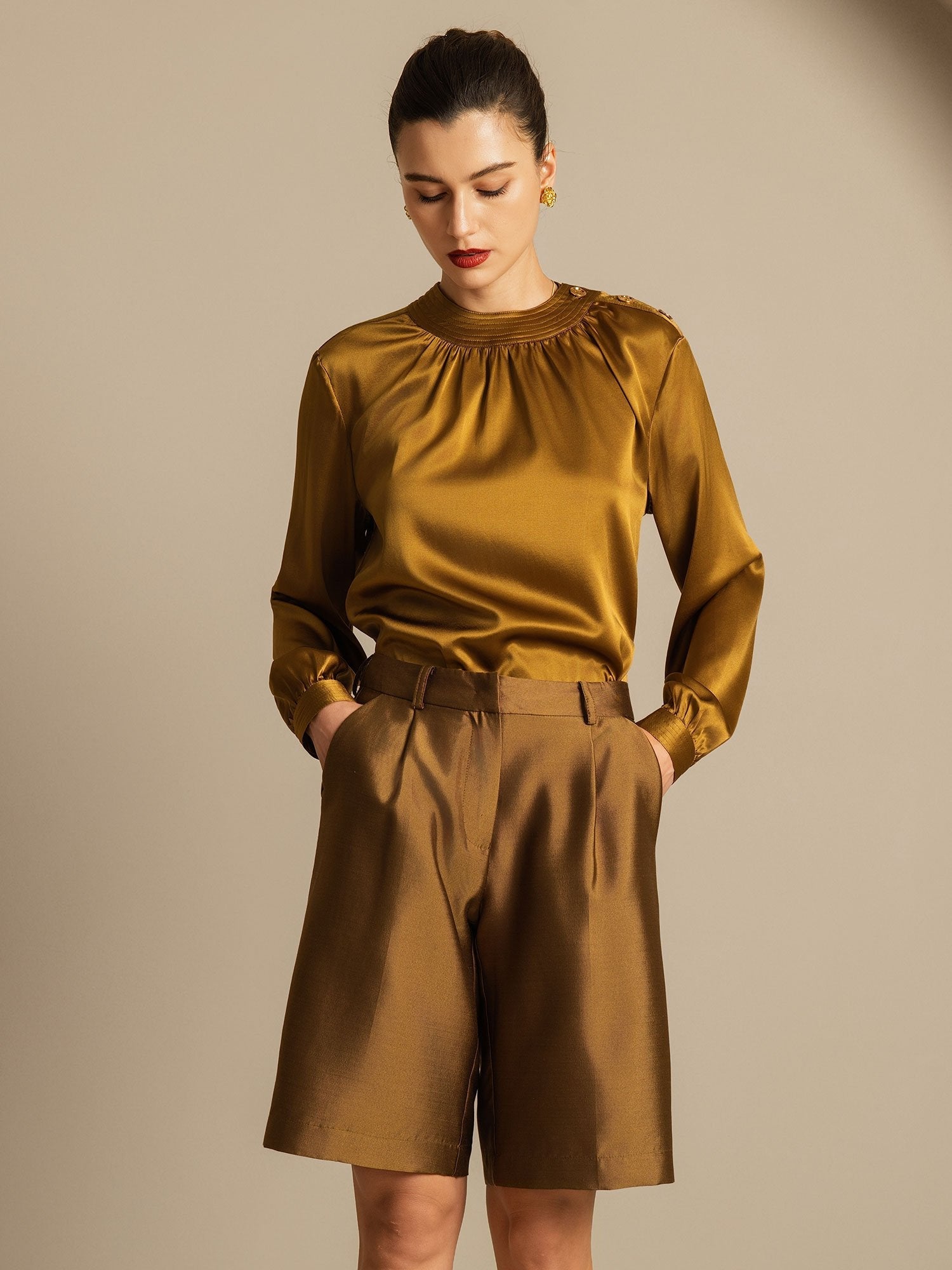 [برونزي] SilkSilky-SA 32Momme الحرير Womens Shorts 005,