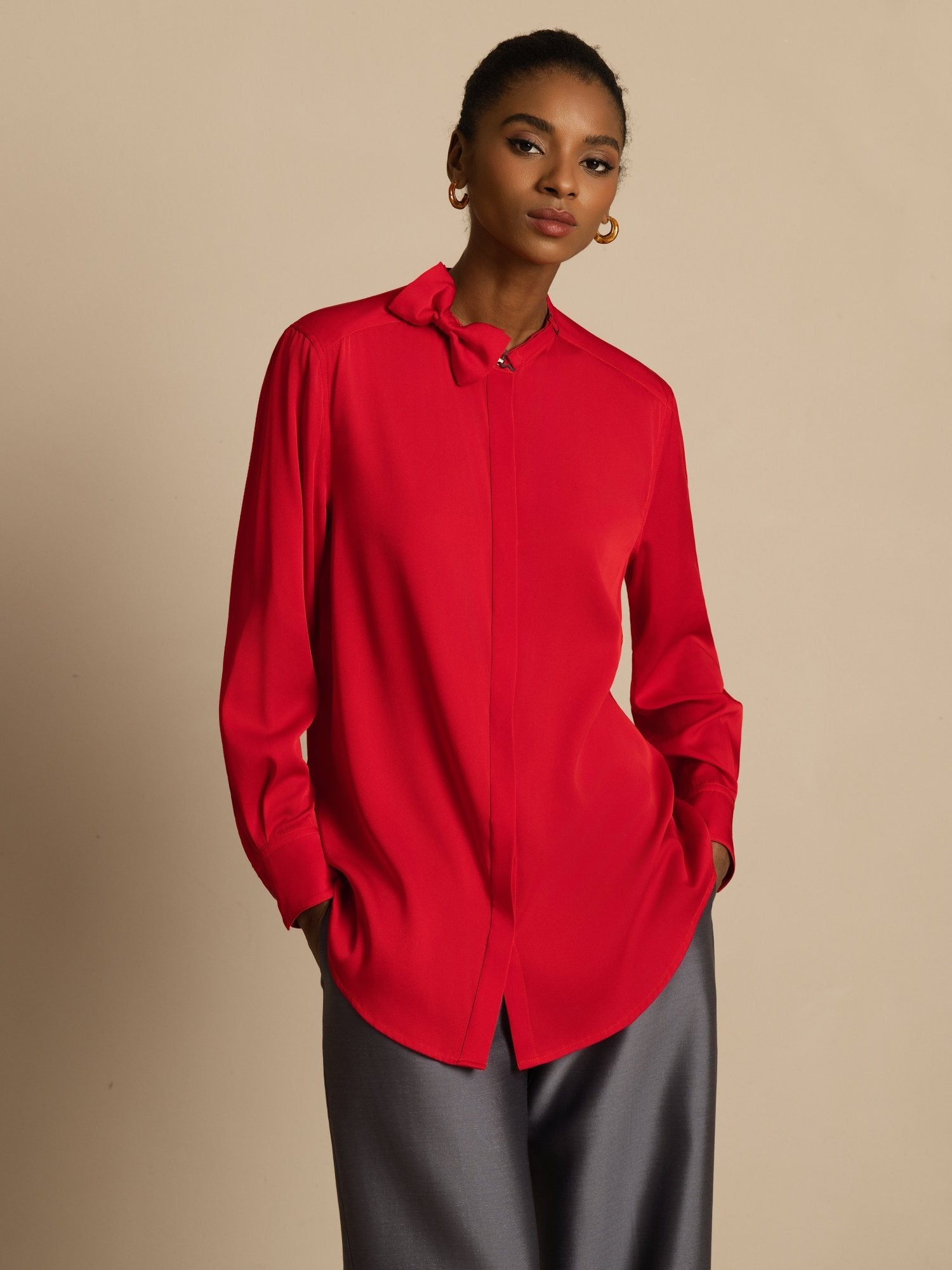 [خمر] SilkSilky-SA 19Momme الحرير الأكمام الطويلة ياقة القاع بلوزة 001