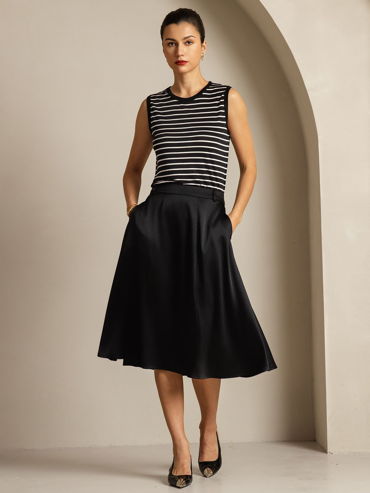 [شريط أسود] SilkSilky-SA Pure Silk بدون أكمام رقبة مستديرة كامي 007