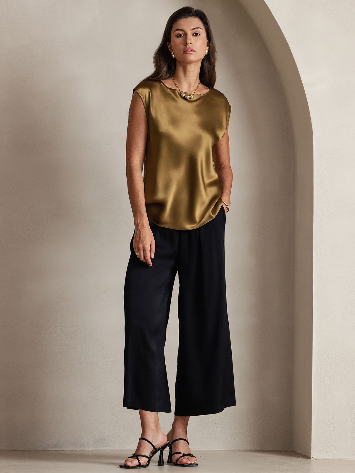 [بني] SilkSilky-SA 19Momme الحرير رقبة مستديرة تي شيرت نسائية 004,