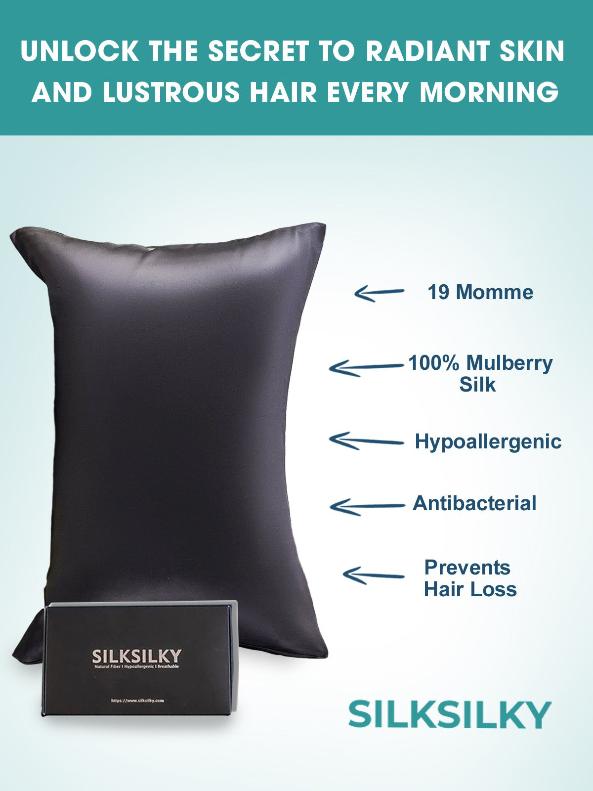 SilkSilky-SA 19Momme الحرير الخالص Pillowcase أسود 002