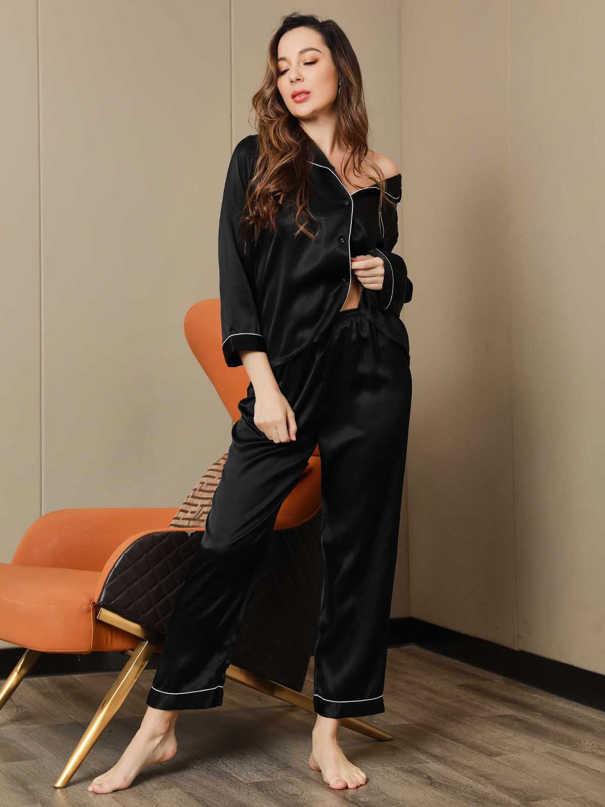 [أسود] SilkSilky-SA الحرير الخالص Womens Pajamas 006