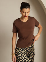 [قهوة] SilkSilky-SA Short Sleeve V Neck تي شيرت نسائية 003