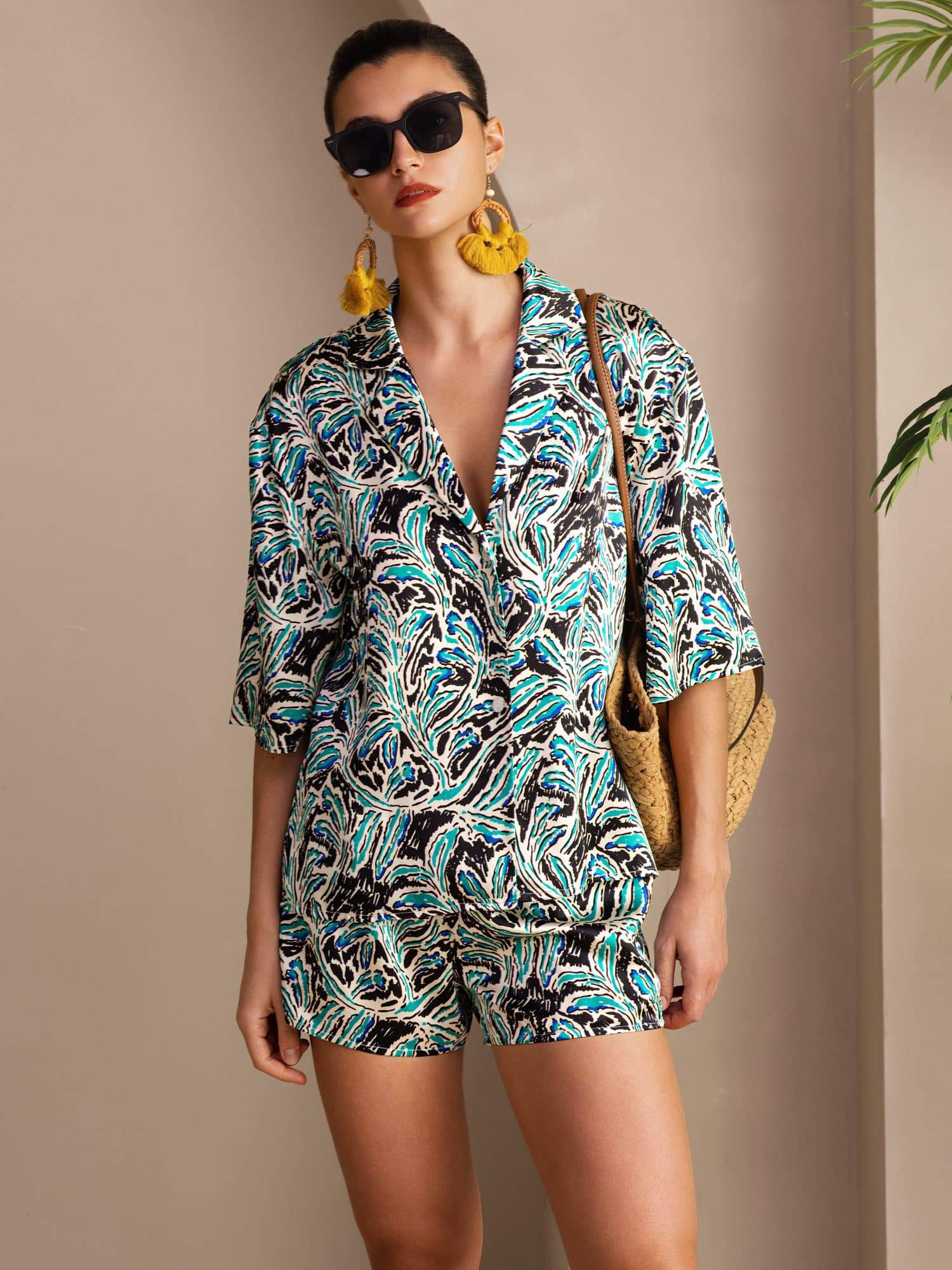 [نباتي تركوازي] SilkSilky-SA Short Sleeve Notch Collar طقم بيجامة نسائي 001