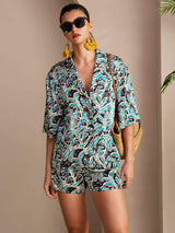 [نباتي تركوازي] SilkSilky-SA Half Sleeve Lapel Collar طقم بيجامة نسائي 001