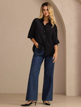 [أسود] SilkSilky-SA Long Sleeve Lapel Collar بلايز نسائية 007
