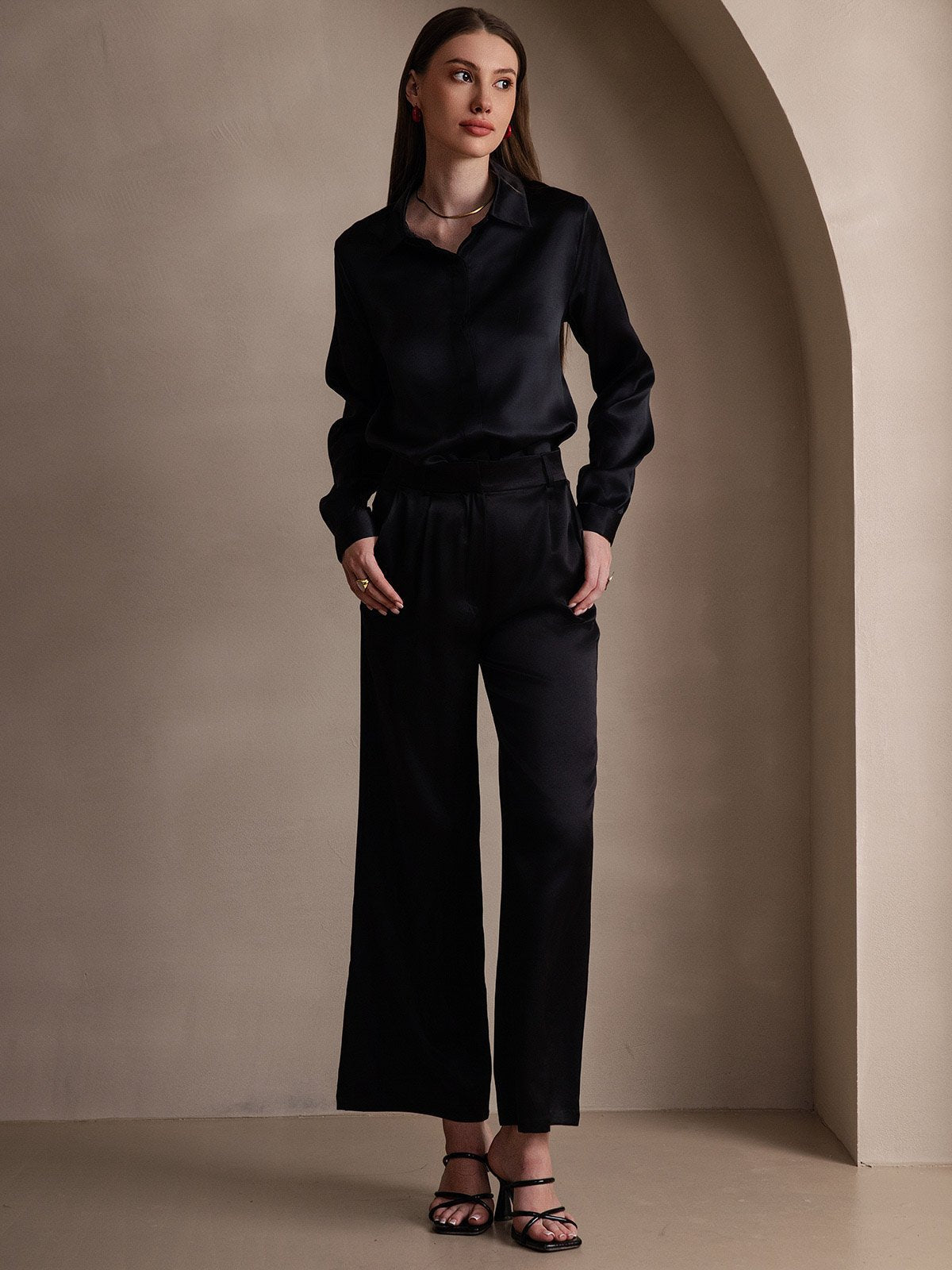 [أسود] SilkSilky-SA 19Momme الحرير الأكمام الطويلة Lapel Collar بلايز نسائية 007