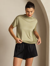 [عشبة مجففة] SilkSilky-SA 100% Silk Jersey Short Sleeve ياقة نصف عالية تي شيرت نسائية 007
