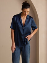 [أزرق غامق] SilkSilky-SA Short Sleeve Notch Collar بلايز نسائية 005