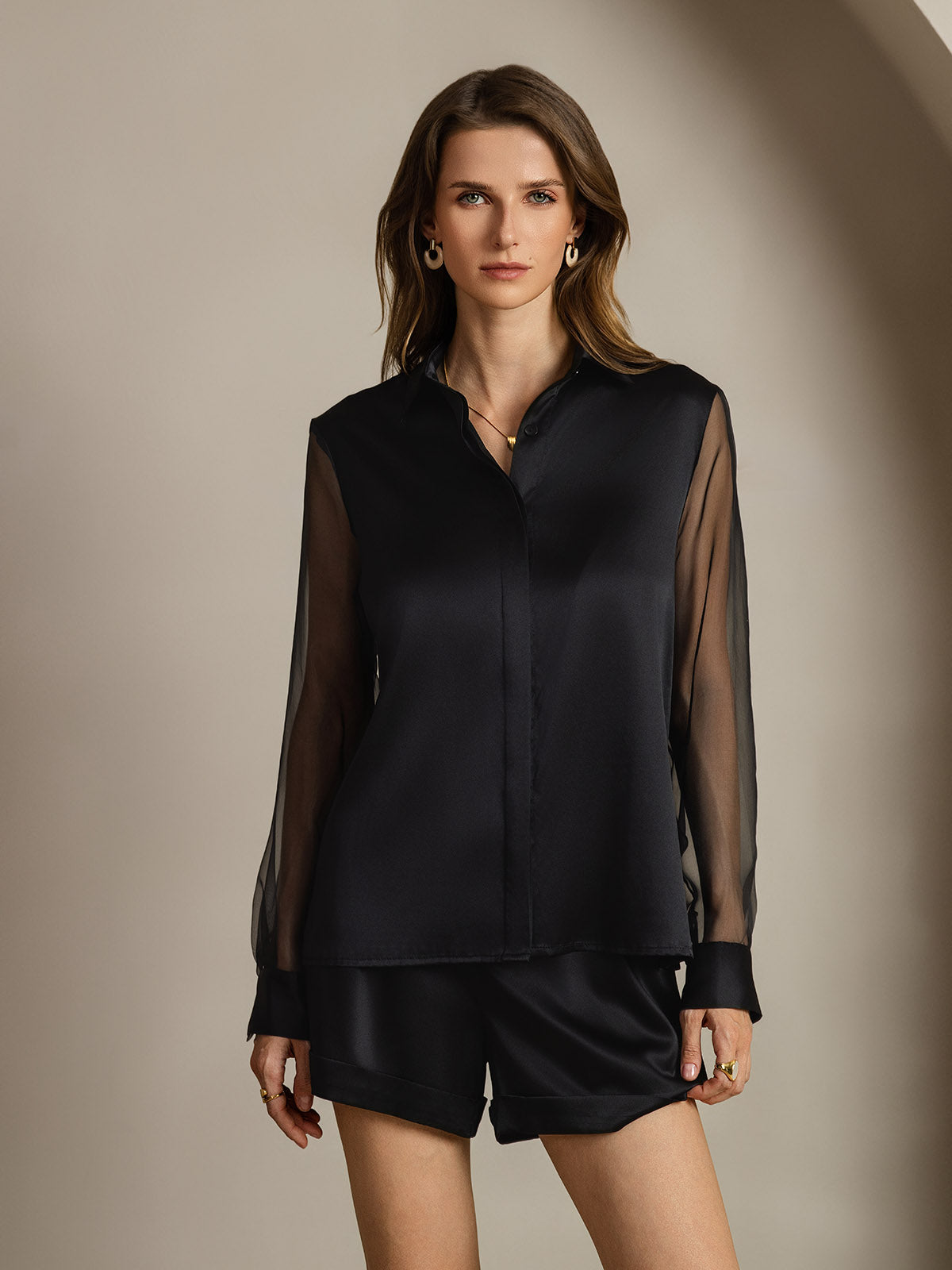 [أسود] SilkSilky-SA 19Momme الحرير Lapel Collar بلايز نسائية 001