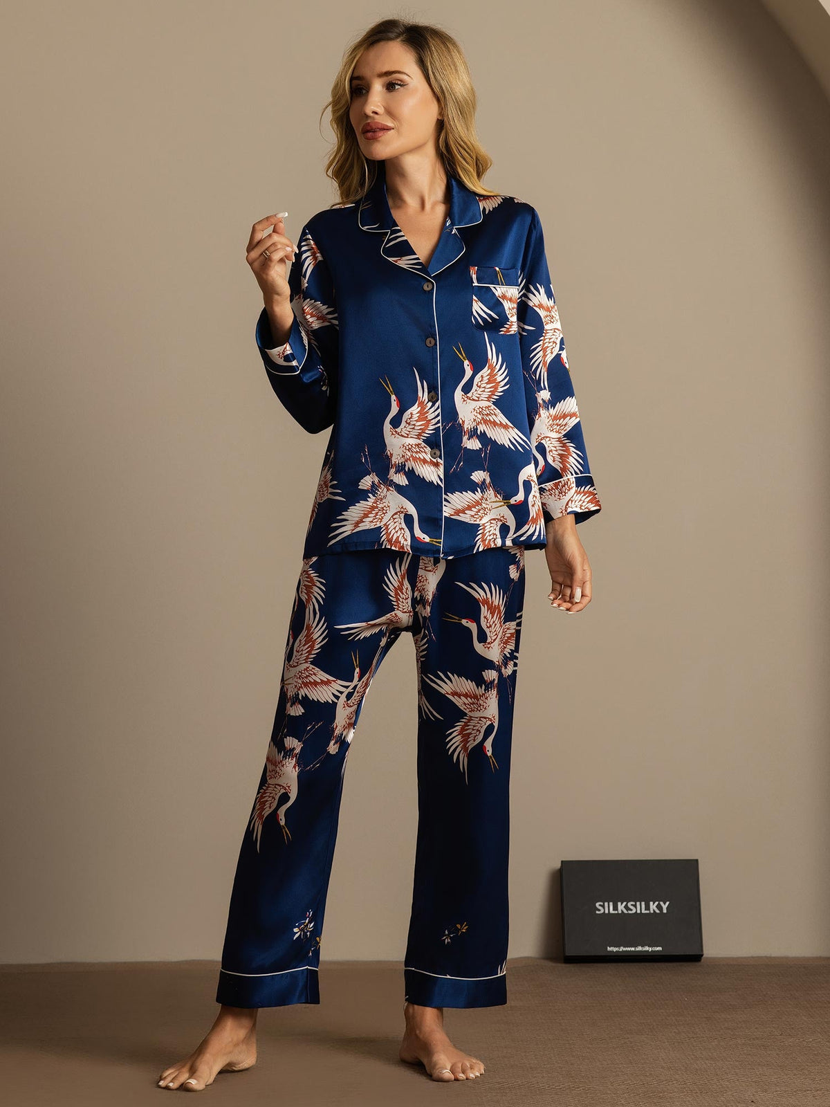 [أزرق غامق] SilkSilky-SA Long Sleeve Lapel Collar طقم بيجامة نسائي 002