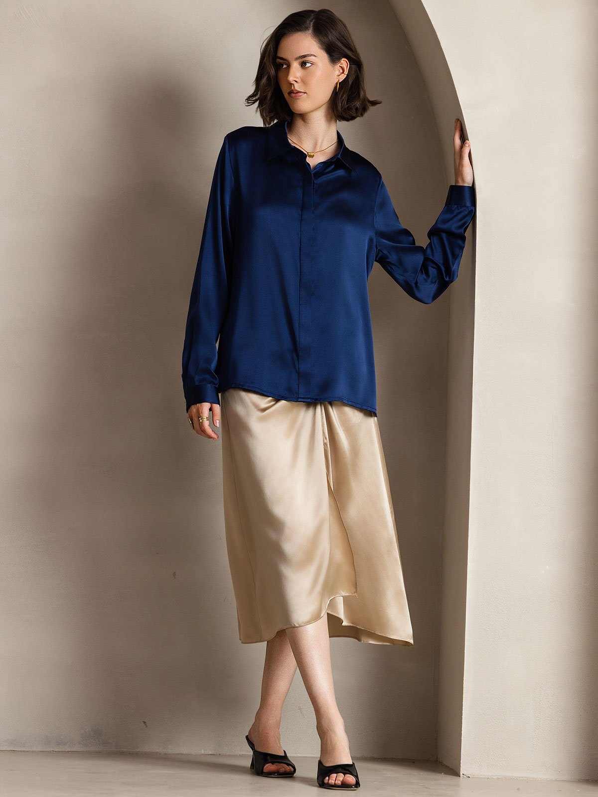 [أزرق غامق] SilkSilky-SA 19Momme الحرير Lapel Collar بلايز نسائية 005