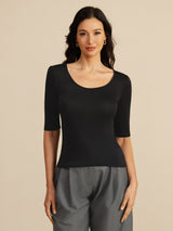 [أسود] SilkSilky-SA Half Sleeve Scoop Neck تي شيرت نسائية 003