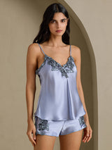 [الأزرق الصلب] SilkSilky-SA Sleeveless V Neck مجموعة قميص قصير 003