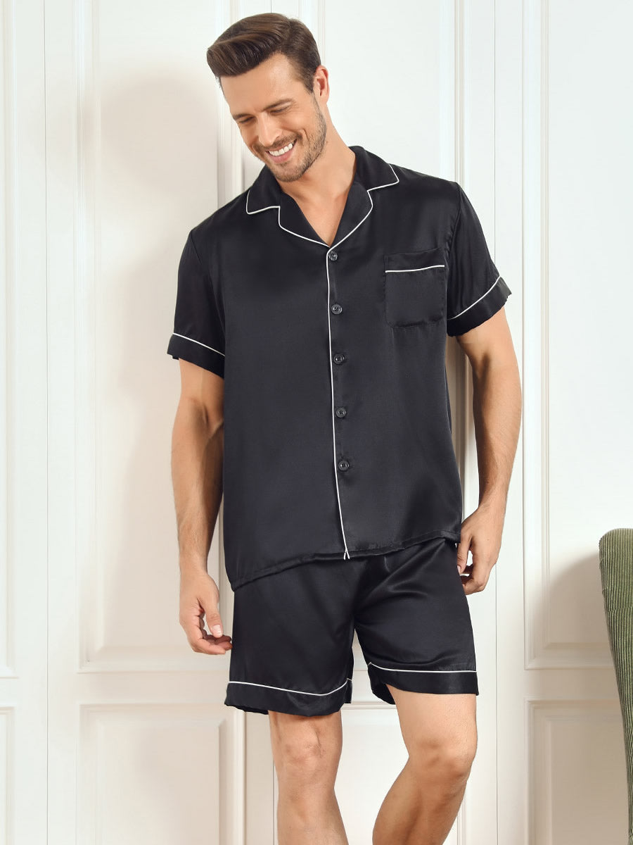 SilkSilky SA Pure Silk Short Sleeve Mens Pajamas أسود 001