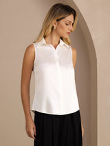 [أبيض] SilkSilky-SA Sleeveless Lapel Collar بلايز نسائية 001