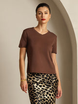 [قهوة] SilkSilky-SA Short Sleeve V Neck تي شيرت نسائية 001