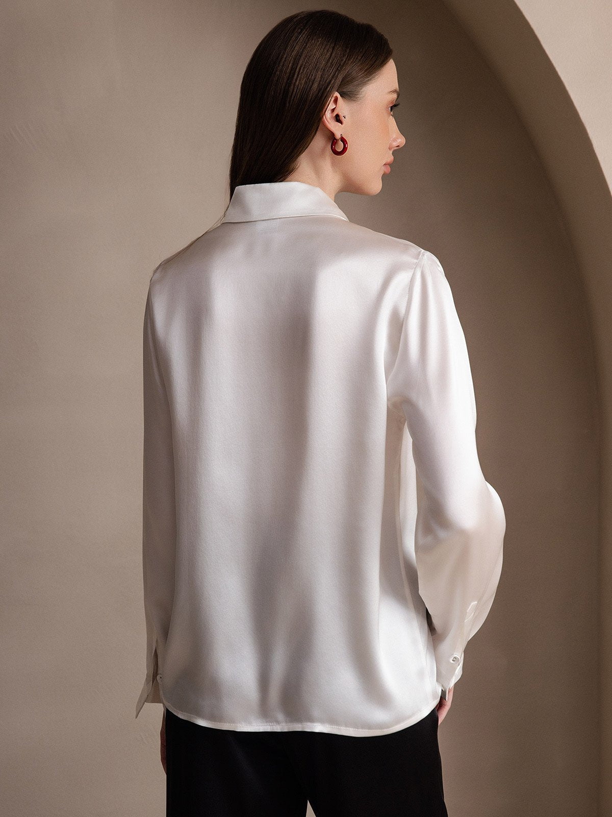 [أبيض] SilkSilky-SA 19Momme الحرير Lapel Collar بلايز نسائية 002