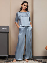 [أزرق رمادي] SilkSilky-SA Half Sleeve Round Neck طقم بيجامة نسائي 006