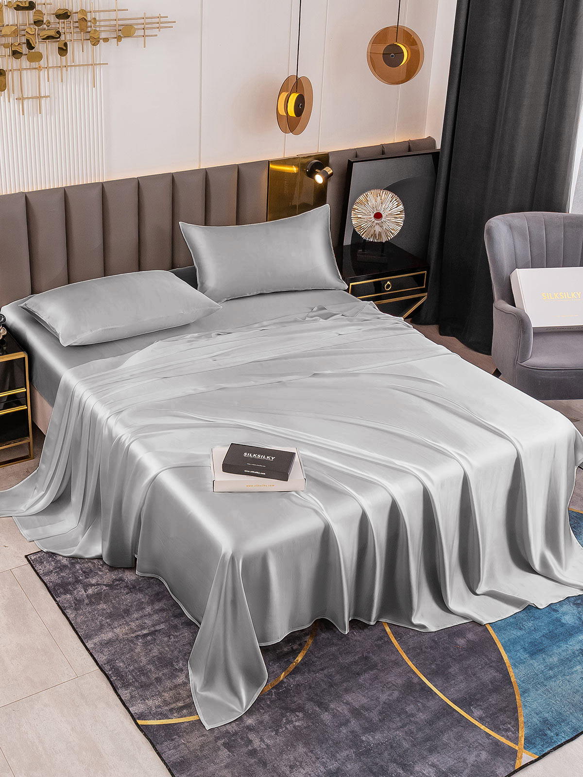 SilkSilky SA 19Momme الحرير الخالص Bedding Set فضة 001