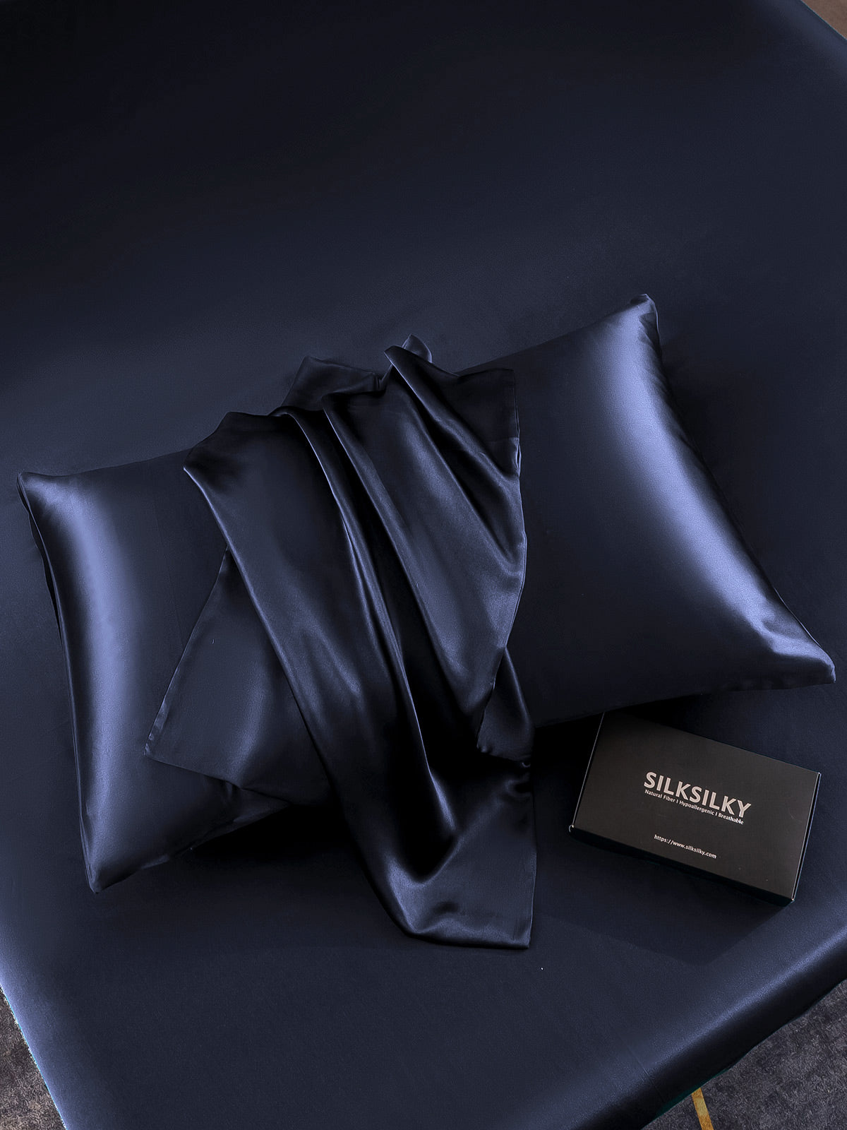 SilkSilky SA 22Momme الحرير الخالص Pillowcase أزرقغامق 001