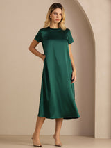 [أخضر غامق] SilkSilky-SA Short Sleeve Round Neck فساتين نسائية 003