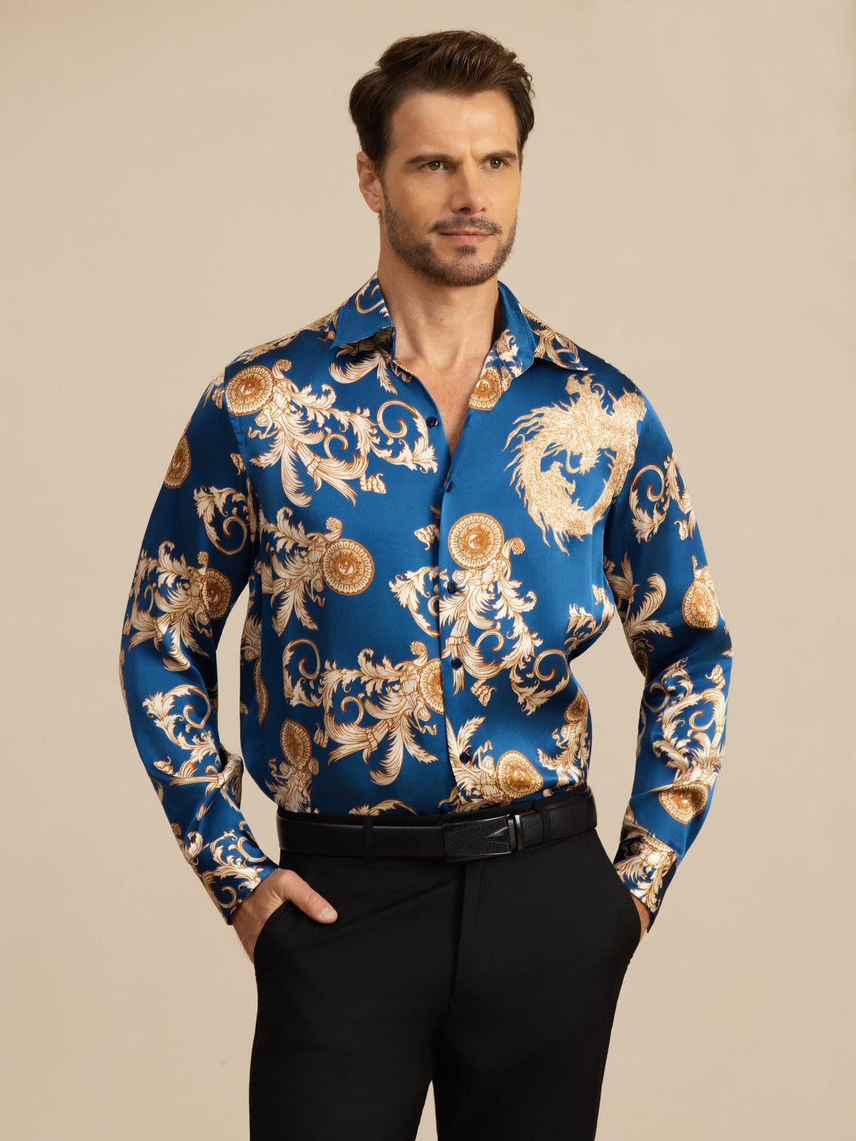 [تنين نيفي] SilkSilky-SA Long Sleeve Lapel Collar قميص رجالي 001