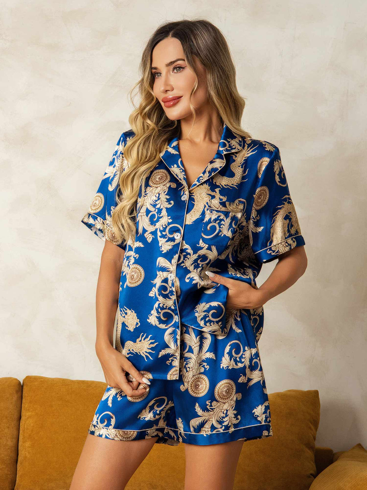 [تنين نيفي] SilkSilky-SA Short Sleeve Lapel Collar طقم بيجامة نسائي 001