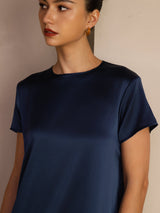 [أزرق غامق] SilkSilky-SA Short Sleeve Round Neck فساتين نسائية 004