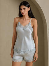 [أزرق رمادي] SilkSilky-SA Sleeveless V Neck مجموعة قميص قصير 001
