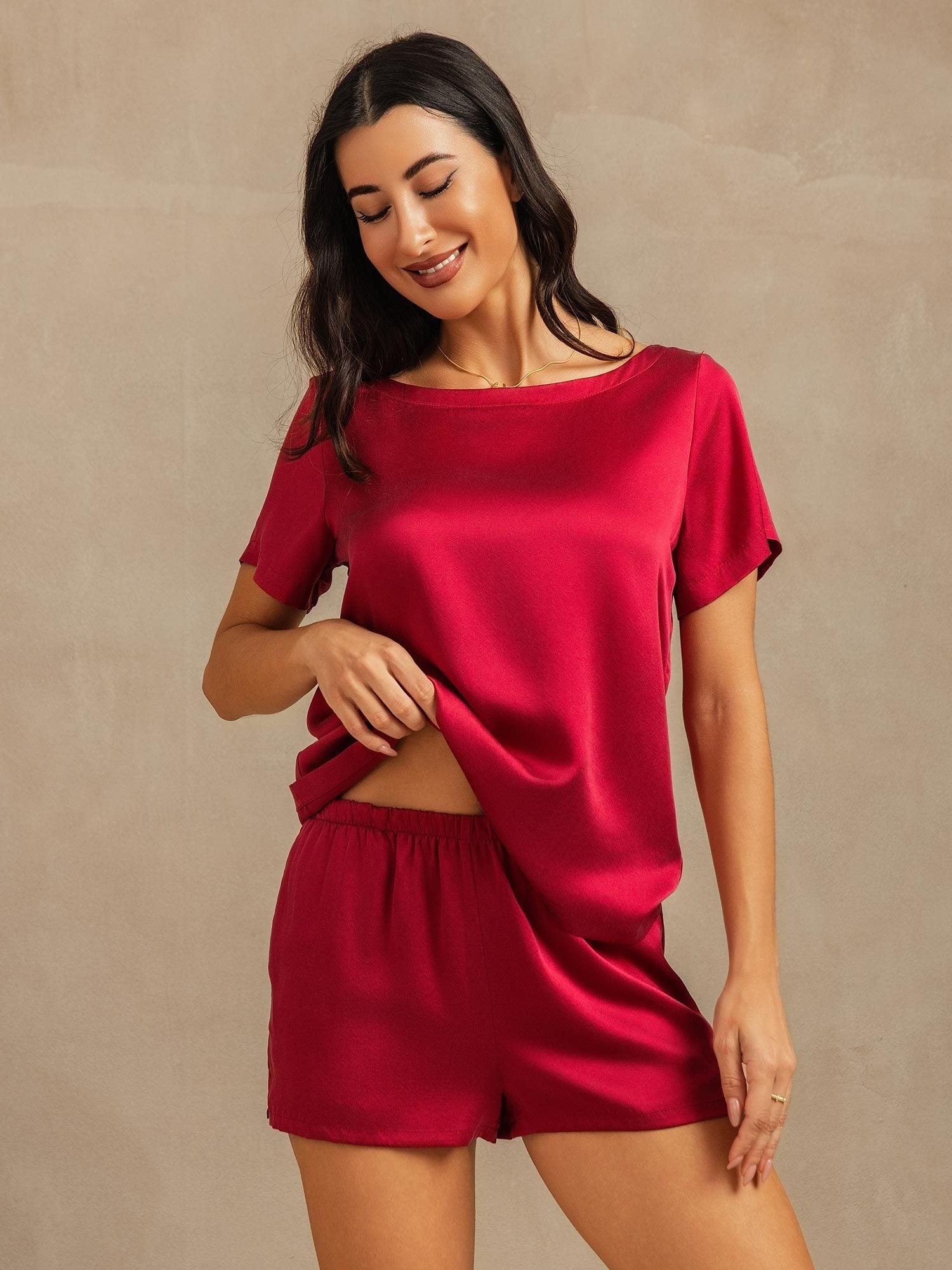 [خمر] SilkSilky-SA 19Momme الحرير رقبة مستديرة طقم بيجامة نسائي 008