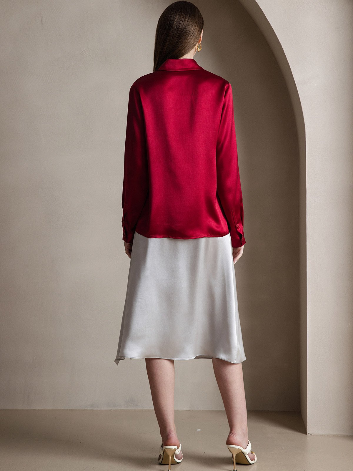 [خمر] SilkSilky-SA 19Momme الحرير الأكمام الطويلة Lapel Collar بلايز نسائية 002