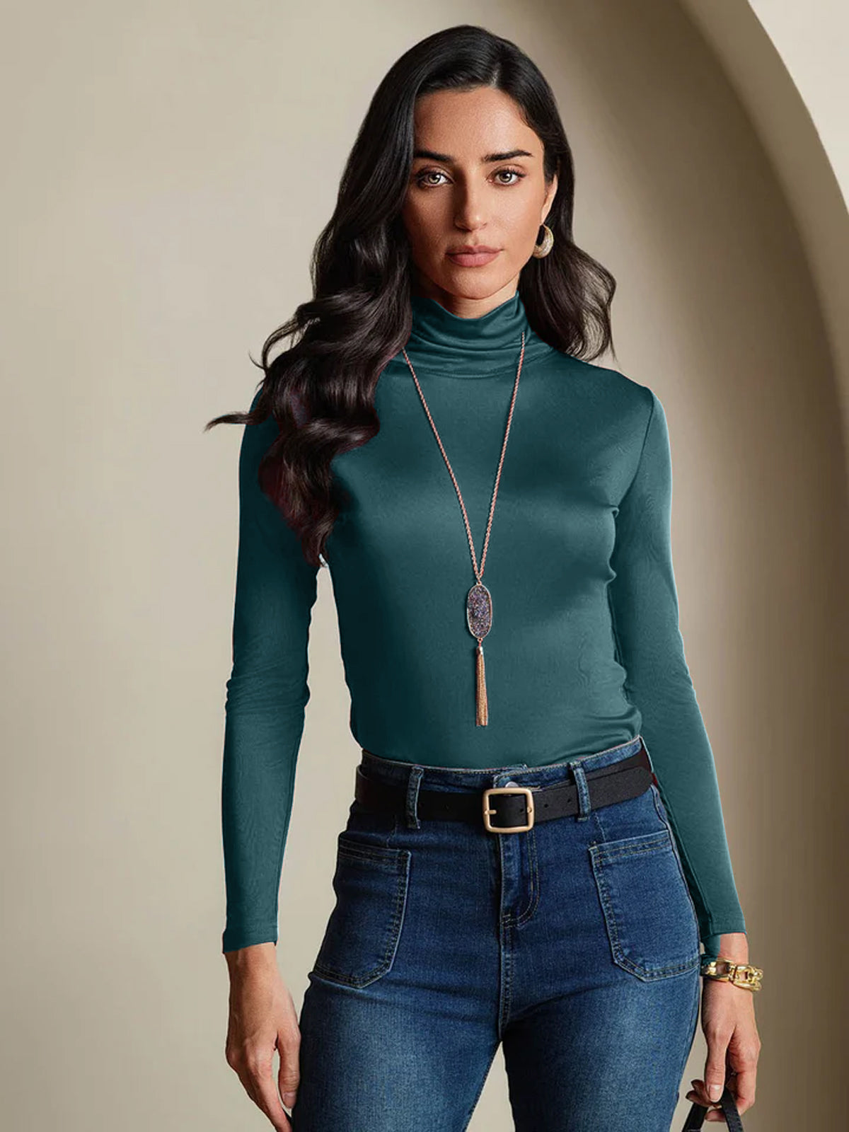 [أخضر غامق] SilkSilky-SA الأكمام الطويلة ياقة مدورة تي شيرت نسائية 001