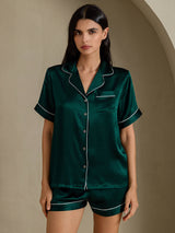 [أخضر غامق] SilkSilky-SA Short Sleeve Lapel Collar طقم بيجامة نسائي 001