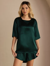 [أخضر غامق] SilkSilky-SA Short Sleeve Round Neck طقم بيجامة نسائي 001